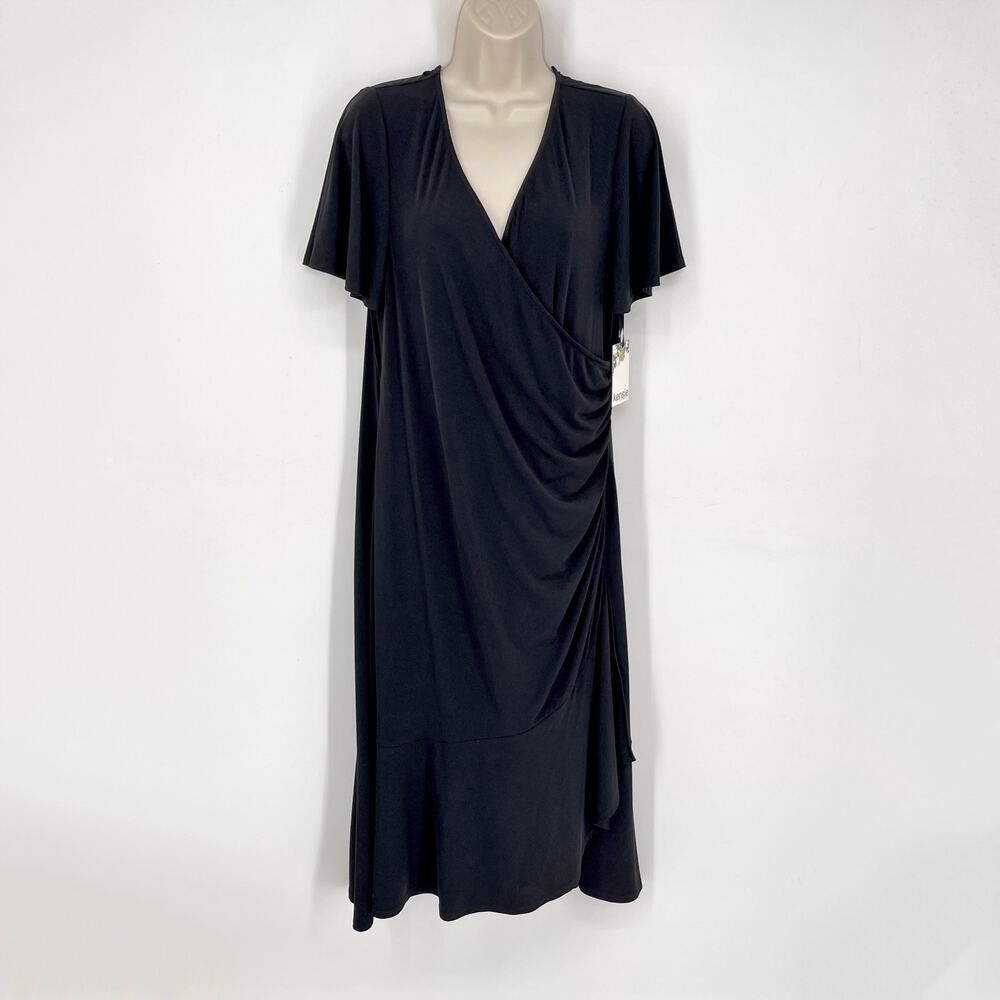Kensie NEW Flutter Sleeve Midi Dress Sz XXL Black V-Neck Ruffle Hem Stretch